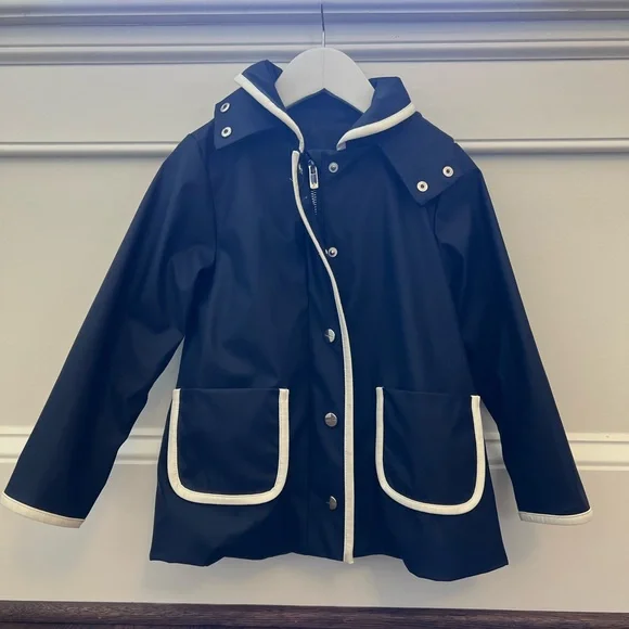 Jacadi Navy Blue Hooded Raincoat with White Trim - Picture 1 of 7